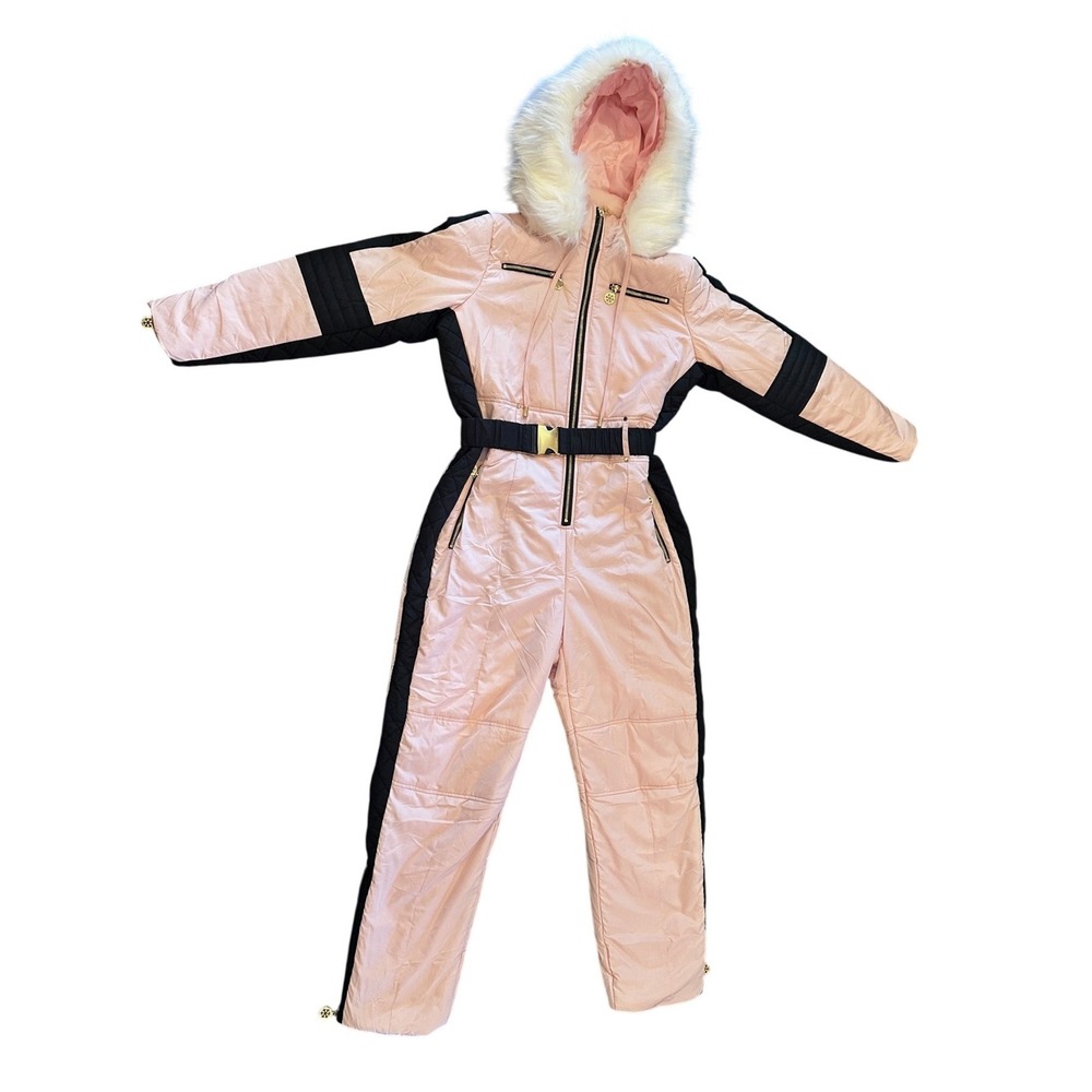 Yousify Womens Pink Black Insulated Ski Suit Faux Fur Hood Belted Size M‎
